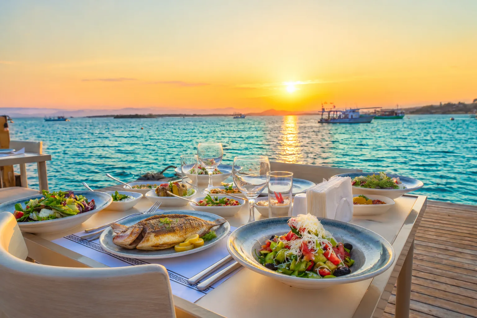 Muup Resort iskelede gün batımı yemek masası
